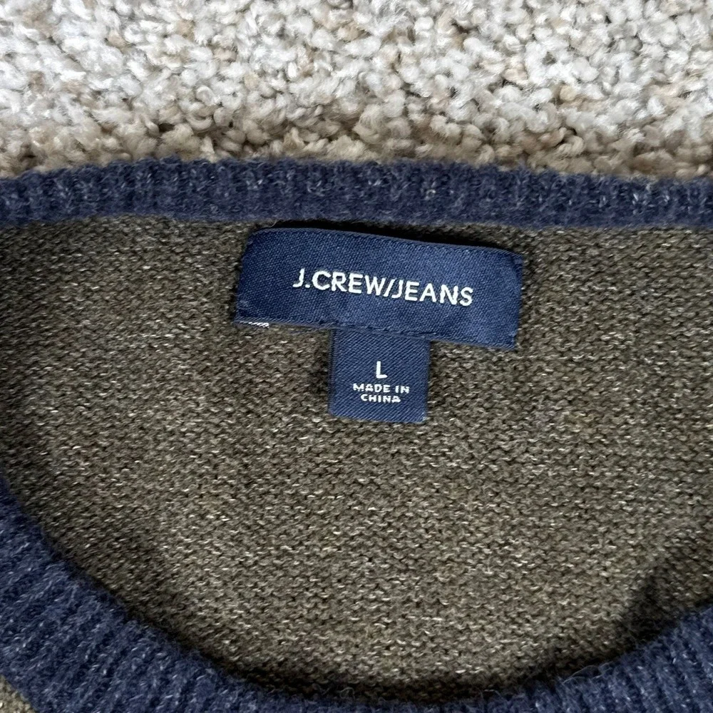 J Crew Sweater Mens L Green Crewneck Ribbed Contrast Hem Cotton Wool - Picture 2 of 12
